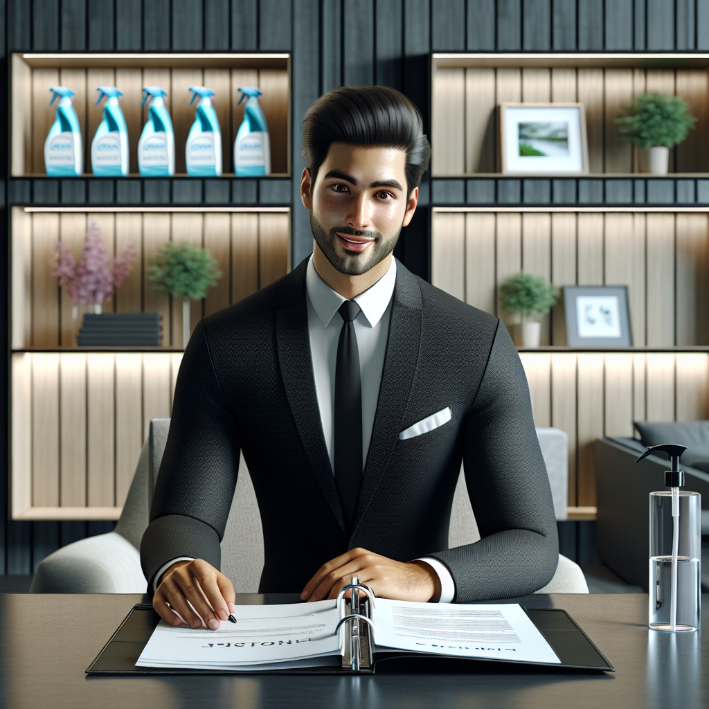 A customer service representative holding an open binder with a cleaning contract template at a clean, modern office desk.