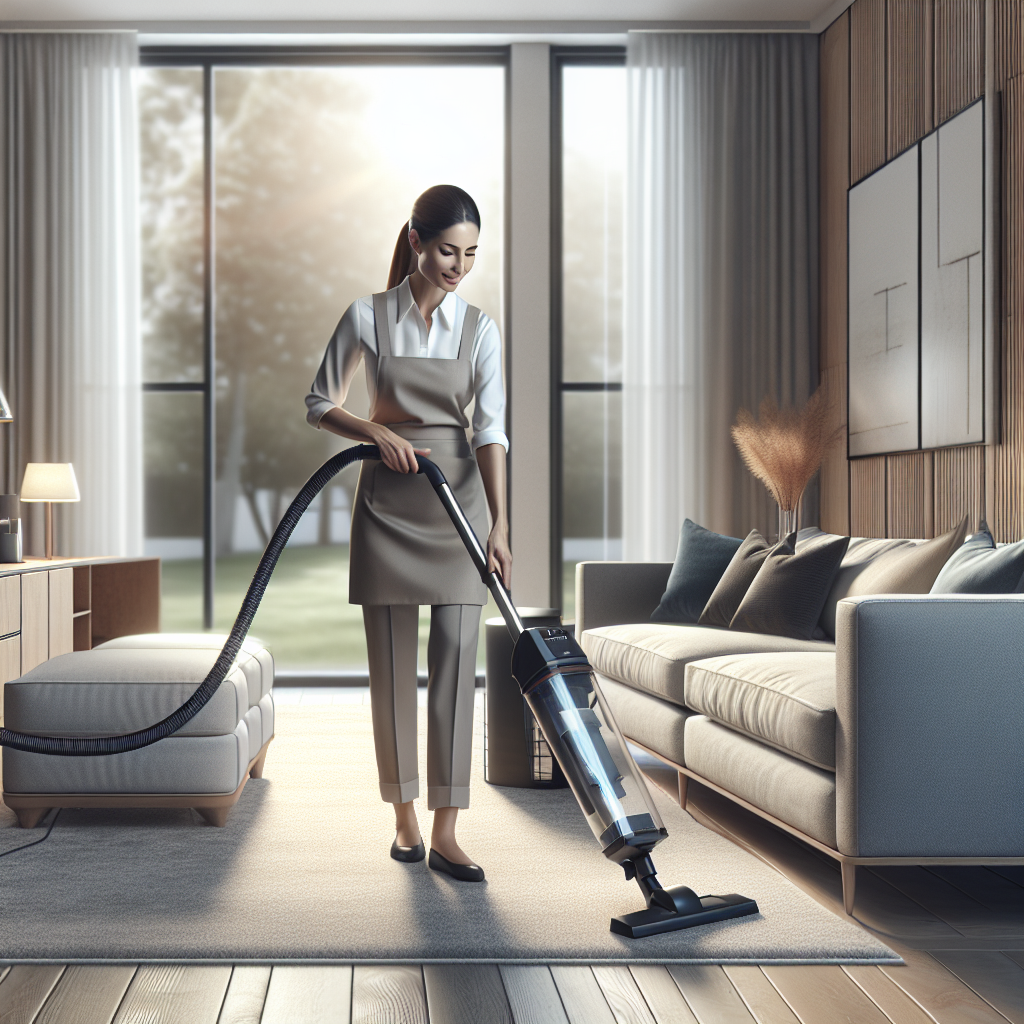 A professional cleaner vacuuming a stylish, modern living room.