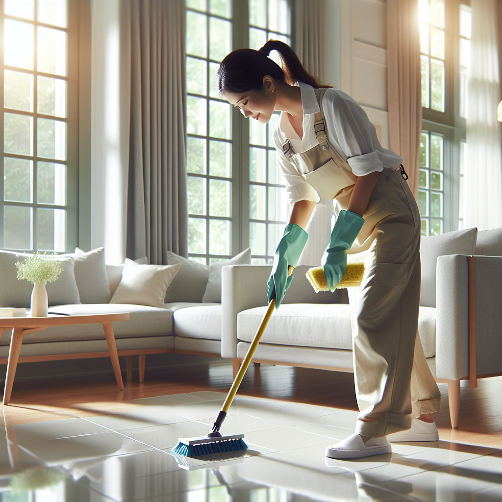 A professional cleaner scrubbing a tile floor in a bright, clean living room with natural light.