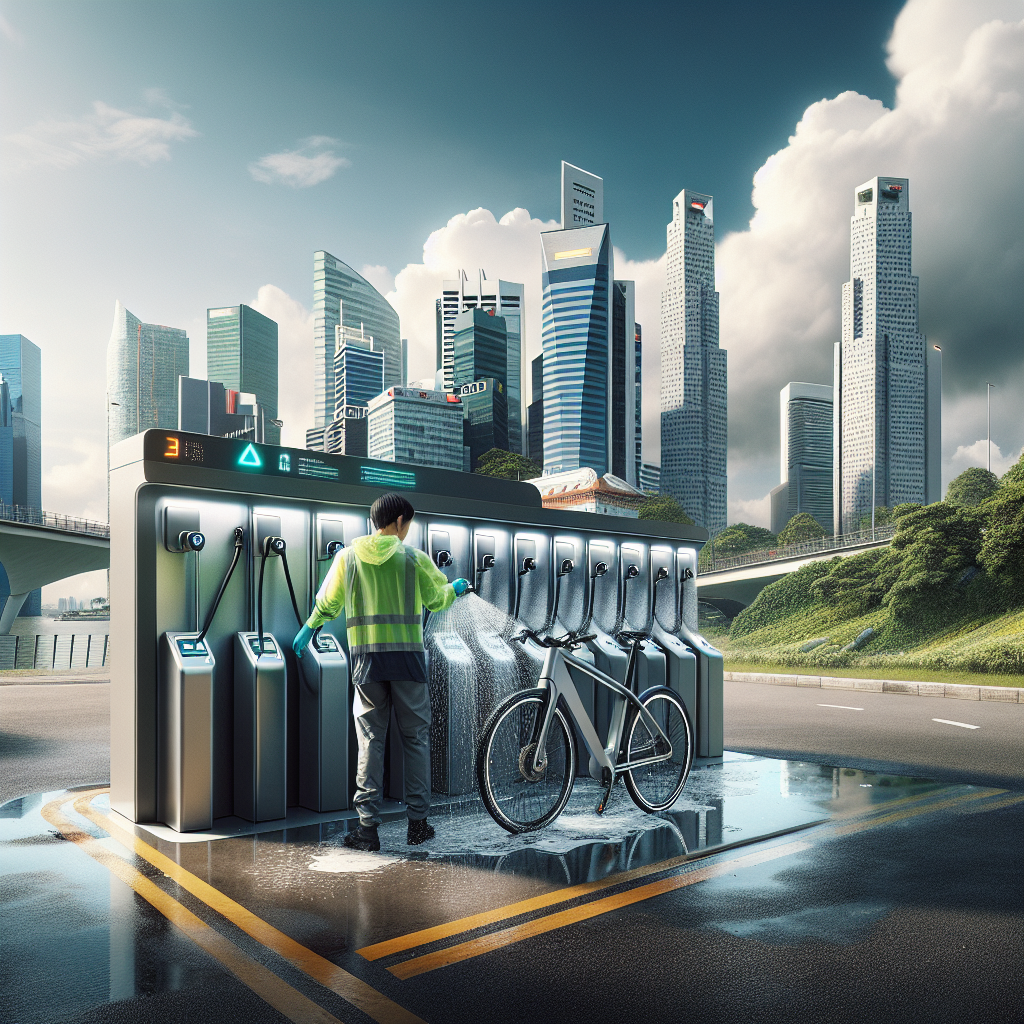 A modern bike washing station in Singapore with a person cleaning a bike.