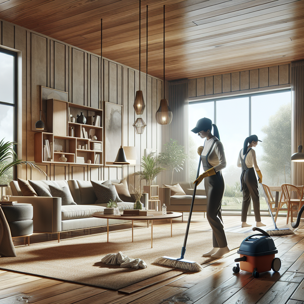 Professional cleaners working in a spacious, tidy living room.