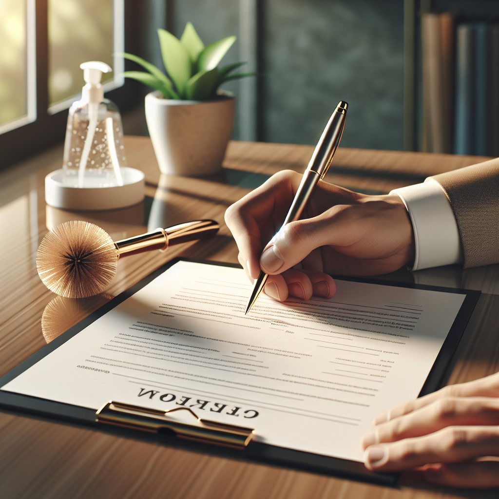 Professional workspace with a cleaning contract, eco-friendly cleaning products, and a hand pointing at the contract on a polished wooden desk.