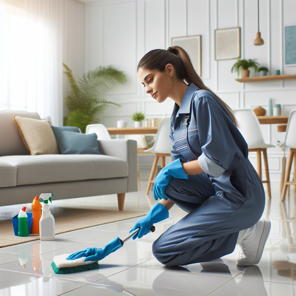 A professional cleaning worker deep cleaning a modern living room with eco-friendly products.