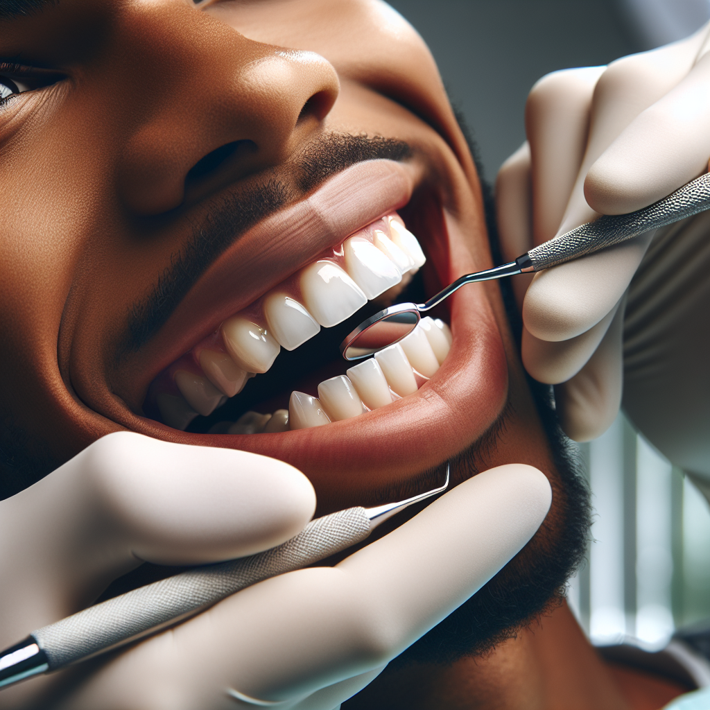 A close-up of a dentist performing a deep cleaning on a patient's teeth.