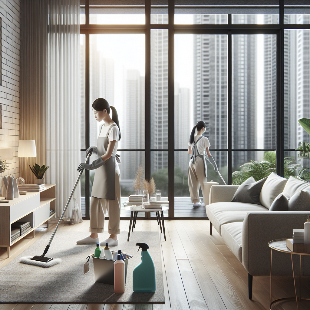 A professional cleaner working in a modern, tidy urban apartment with natural light and houseplants.