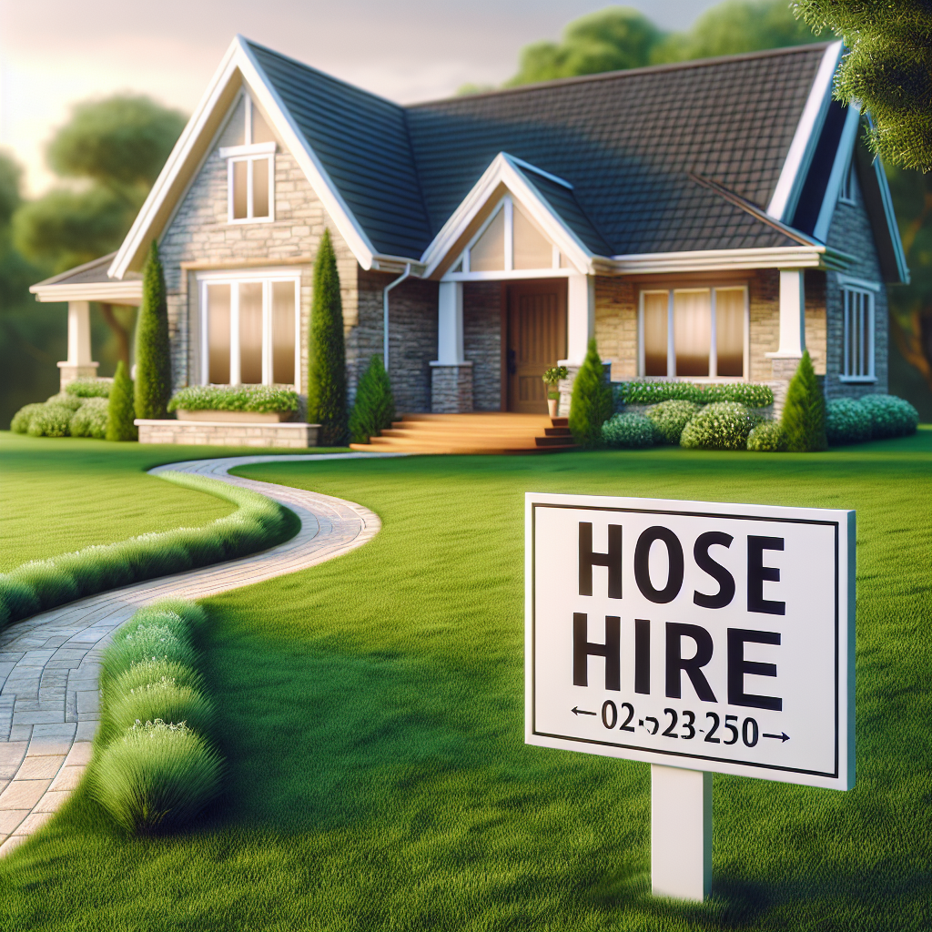 A realistic house with a 'For Hire' sign in the front yard, representing house cleaning services.