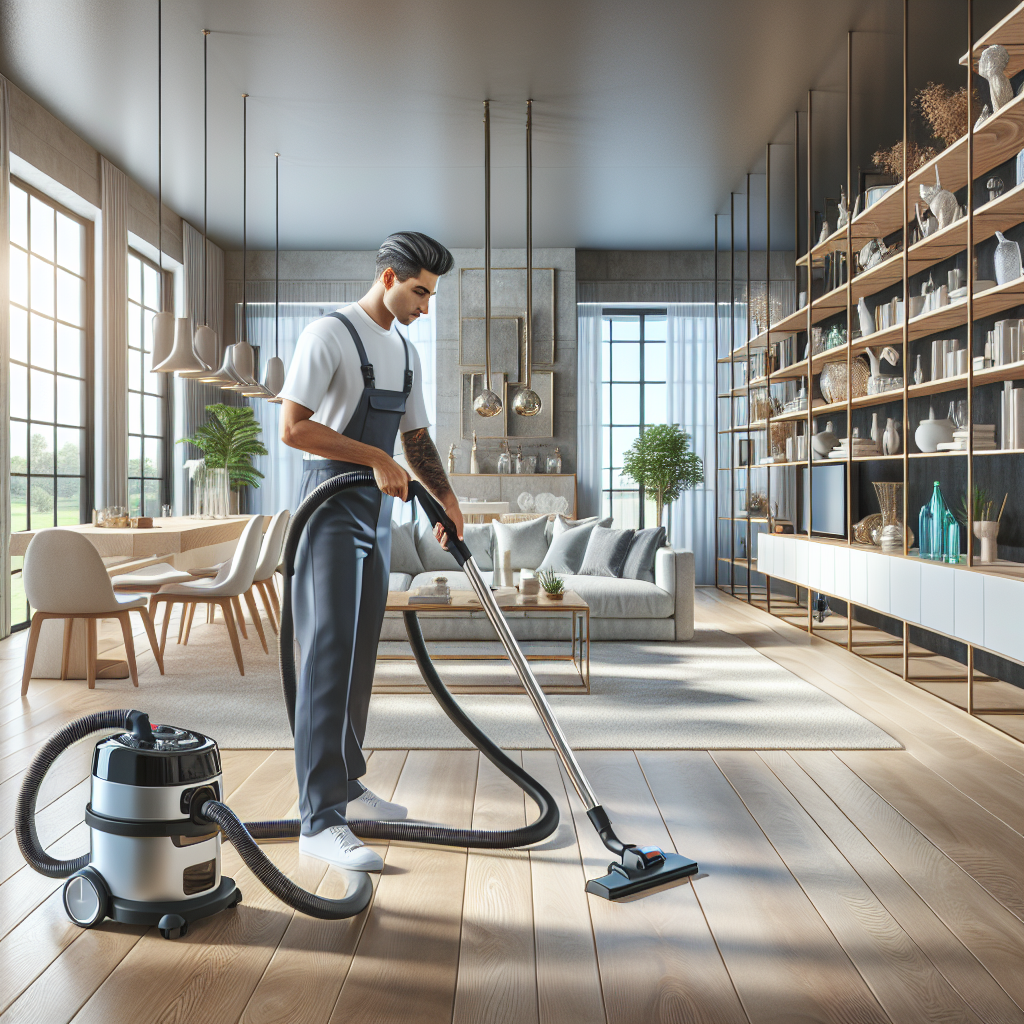 Professional house cleaner vacuuming a modern, tidy living room.