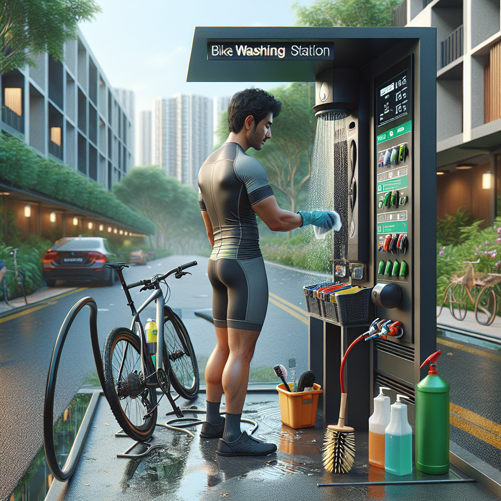 A cyclist washing a bicycle at a modern bike washing station in a clean, eco-friendly urban area in Singapore.