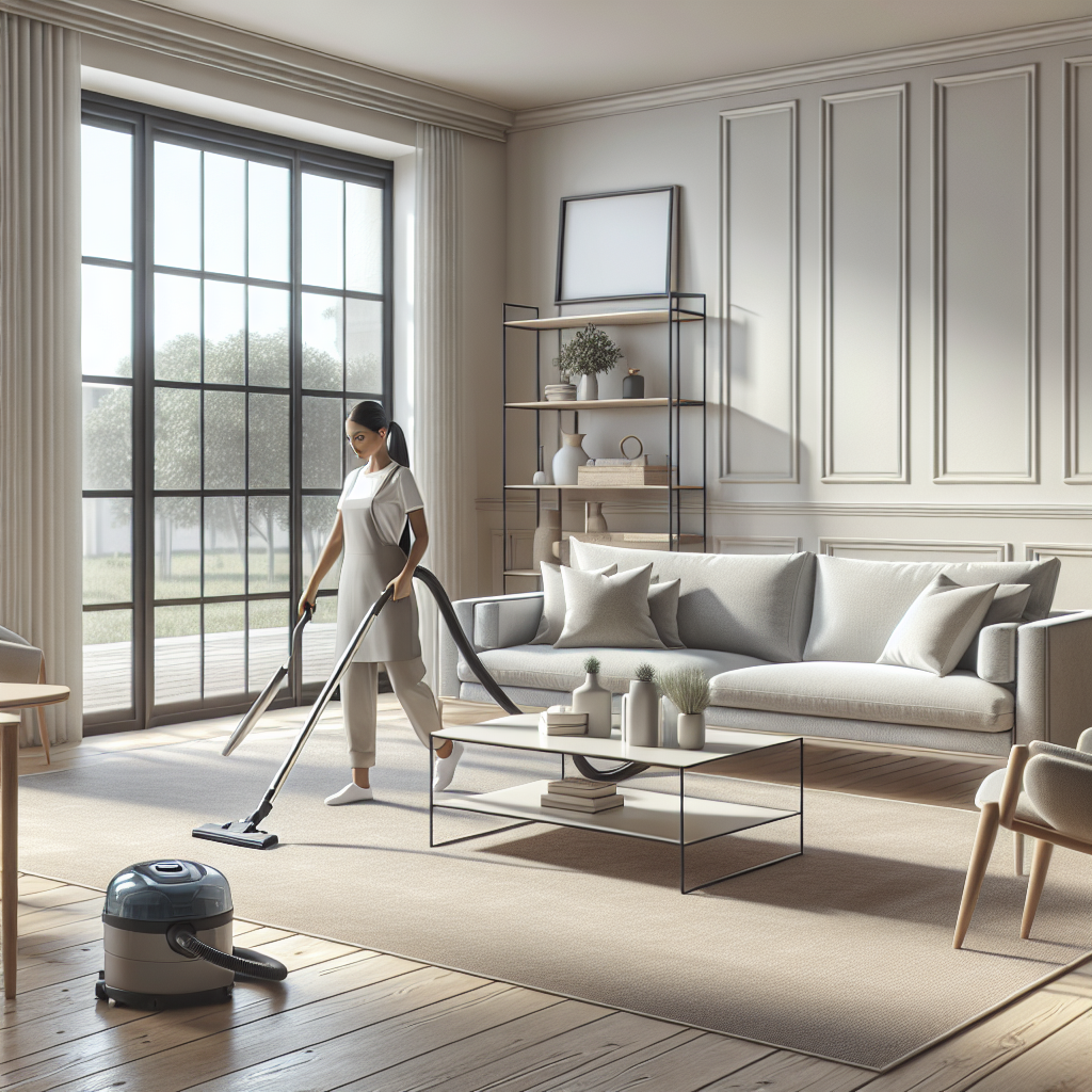 A professional cleaner tidying a modern, neat living room.