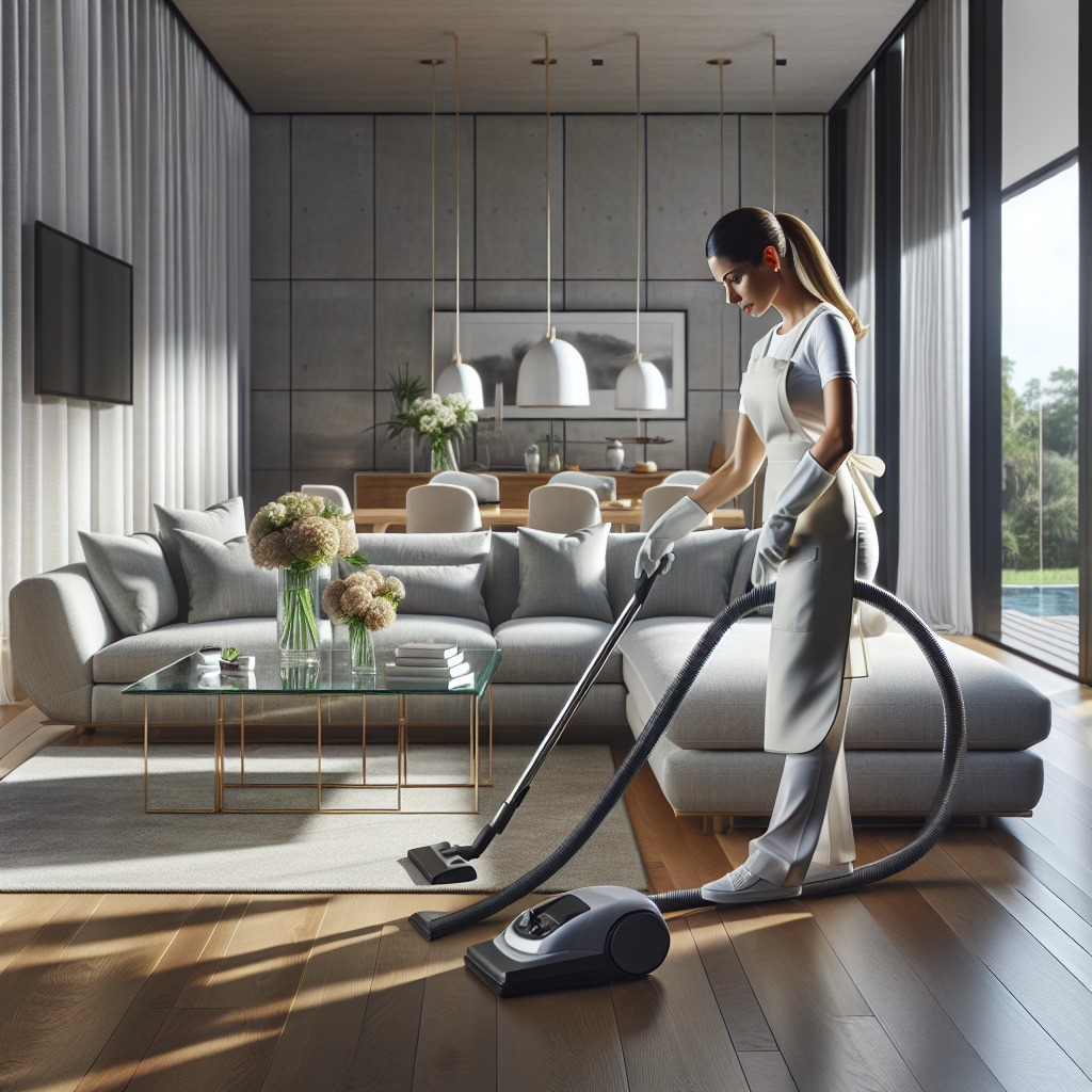 A private house cleaner vacuuming a modern living room with a light gray sofa and wooden floors.