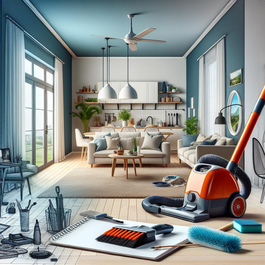 A realistic depiction of a modern home interior with cleaning tools, illustrating factors influencing average house cleaning costs.