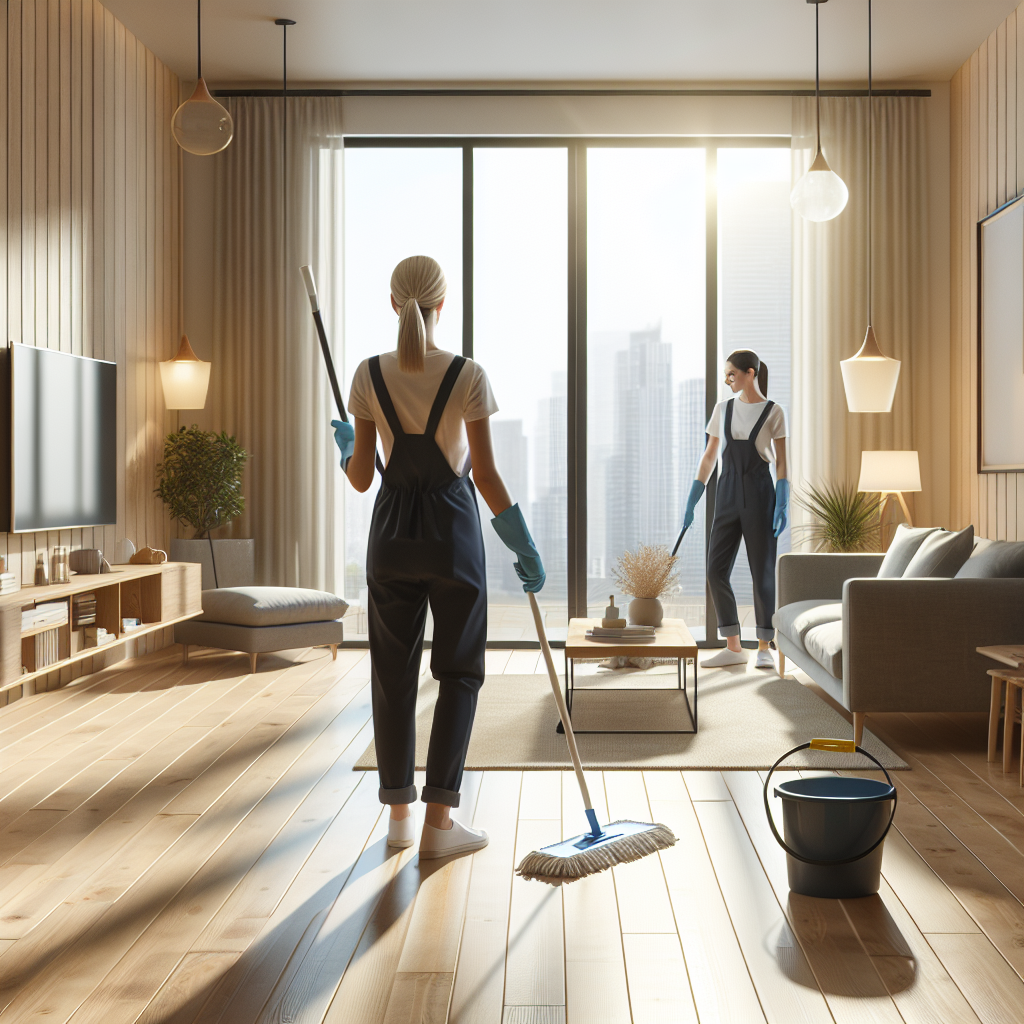 A professional cleaner in uniform holding cleaning supplies in a modern, tidy living room.