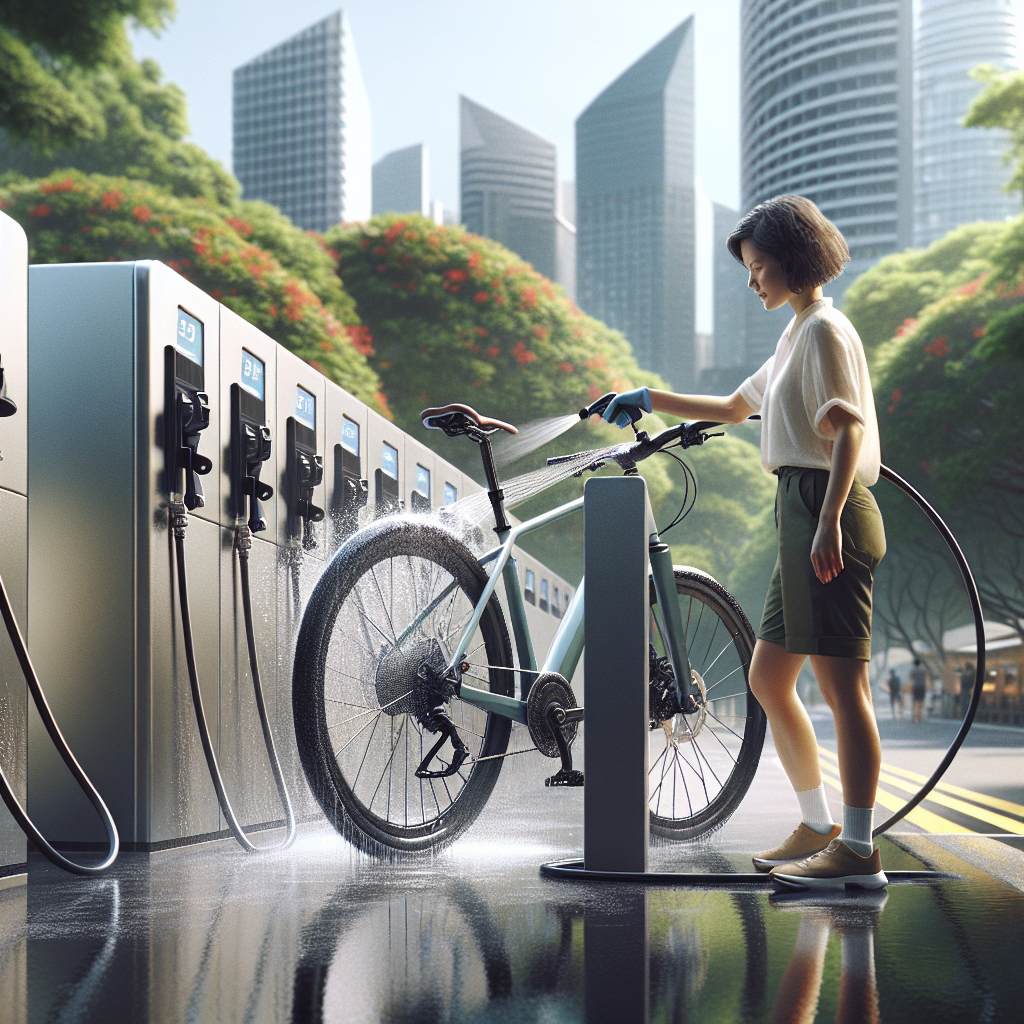 A cyclist washing their bike at a self-service station in Singapore with a modern cityscape in the background.