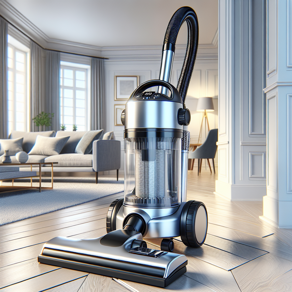 A high-quality vacuum cleaner designed for residential cleaning, shown in a clean living room.