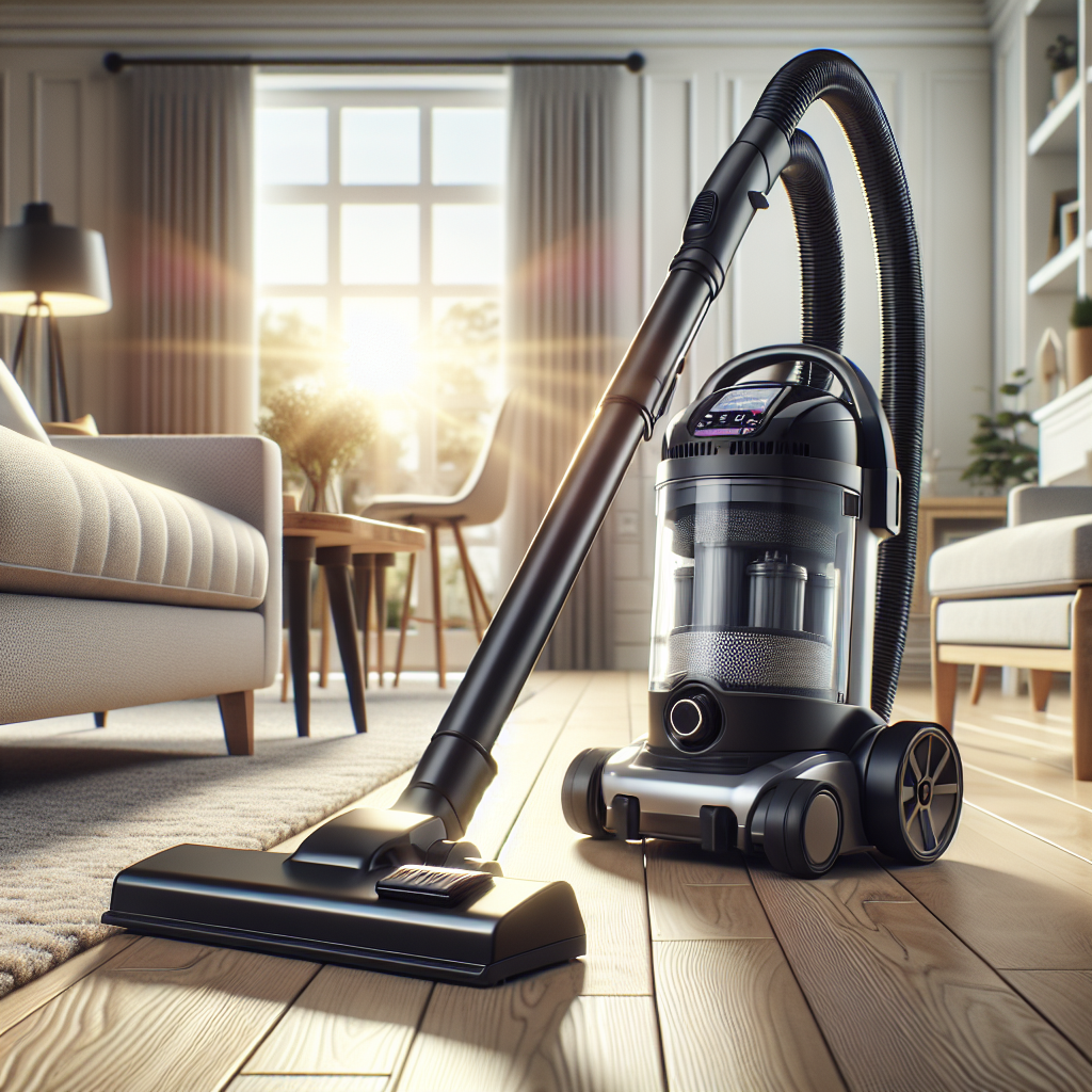 A modern vacuum cleaner being used in a residential home to clean carpets and hard floors.