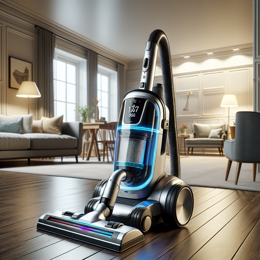 A modern, high-quality vacuum cleaner in a clean residential interior.