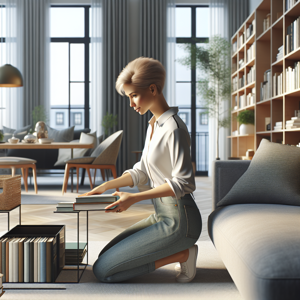 A professional organiser arranging books in a modern, tidy living room.