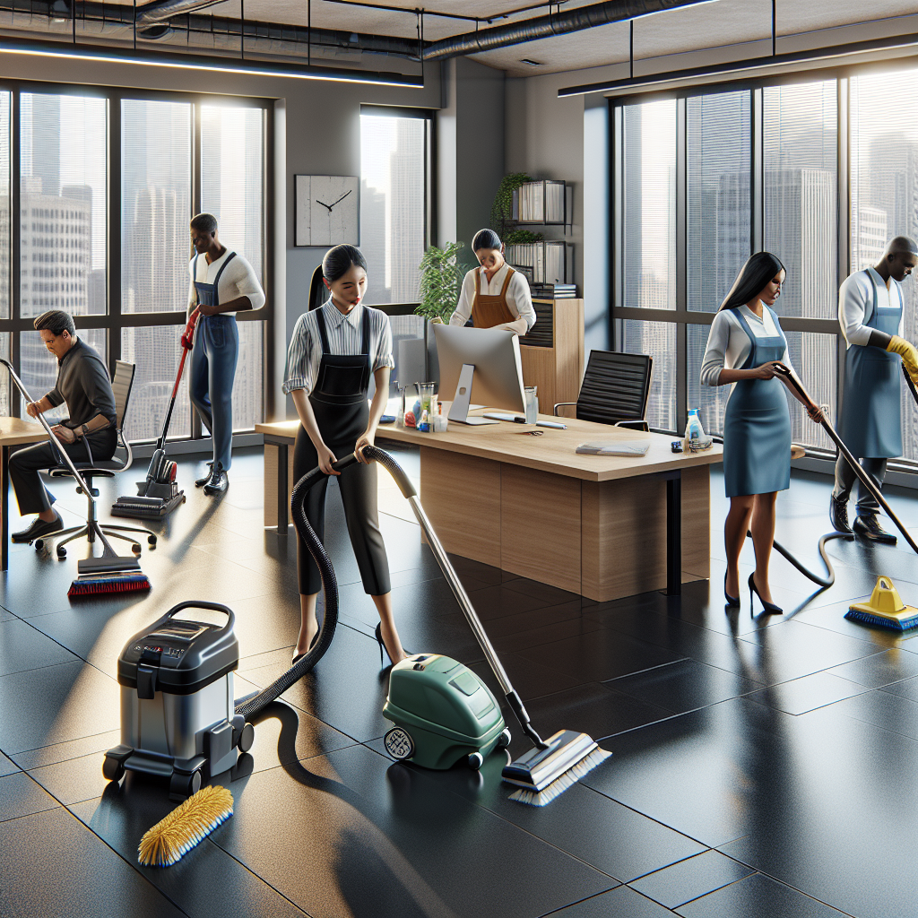 A team of professional cleaners performing deep scale cleaning in a modern, well-lit office.