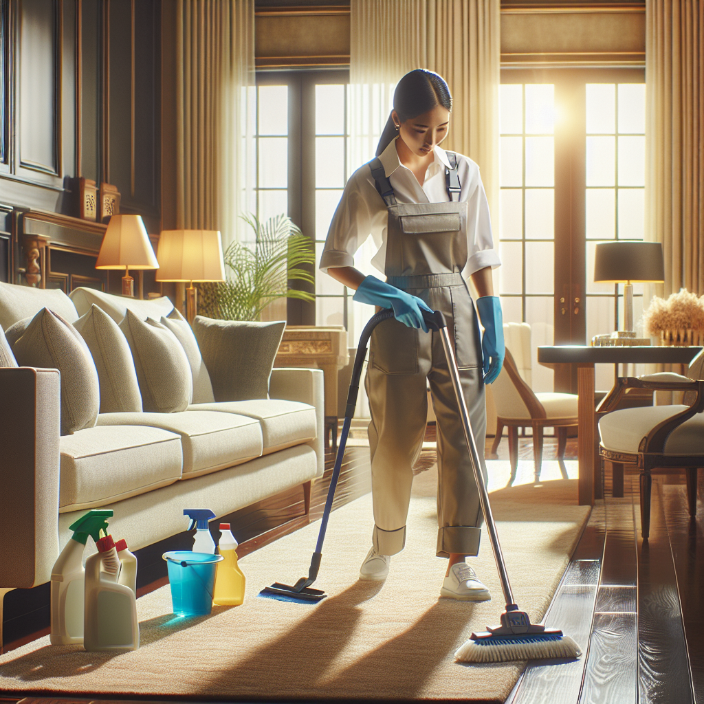 Professional cleaner meticulously cleaning a spotless residential living room.