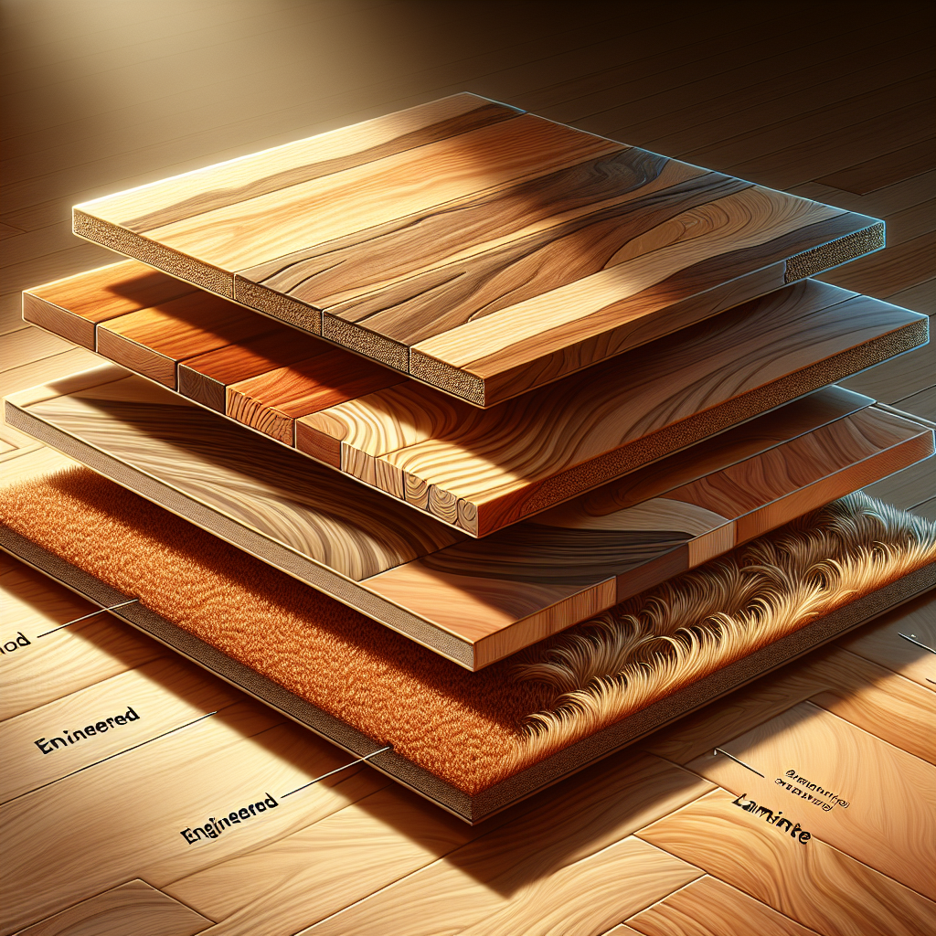 Three types of wood flooring close-up: solid hardwood, engineered hardwood, and laminate wood.