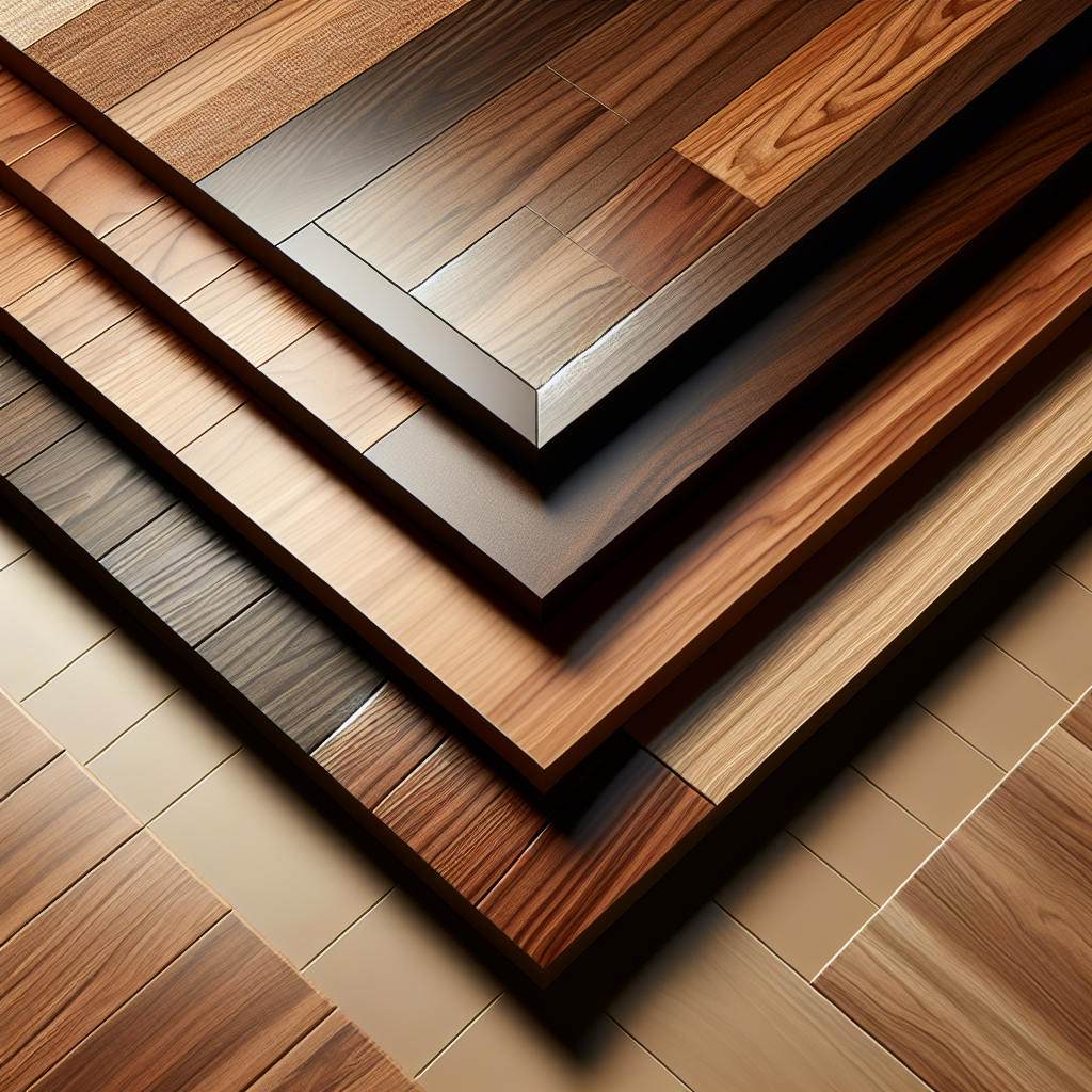 Three types of wood flooring samples: solid hardwood, engineered hardwood, and laminate wood flooring.