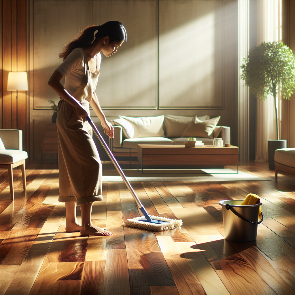 Person deep cleaning an unsealed hardwood floor in a naturally lit and inviting room.