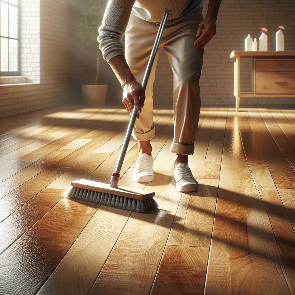 A person cleaning an unsealed hardwood floor with a soft-bristle brush and cloth.