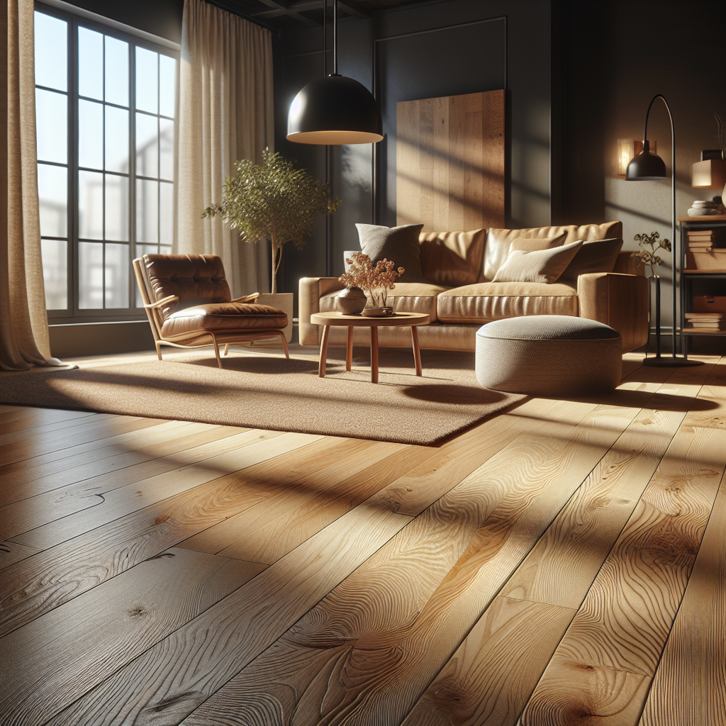 Realistic image of unsealed hardwood floors in a cozy living room setting.