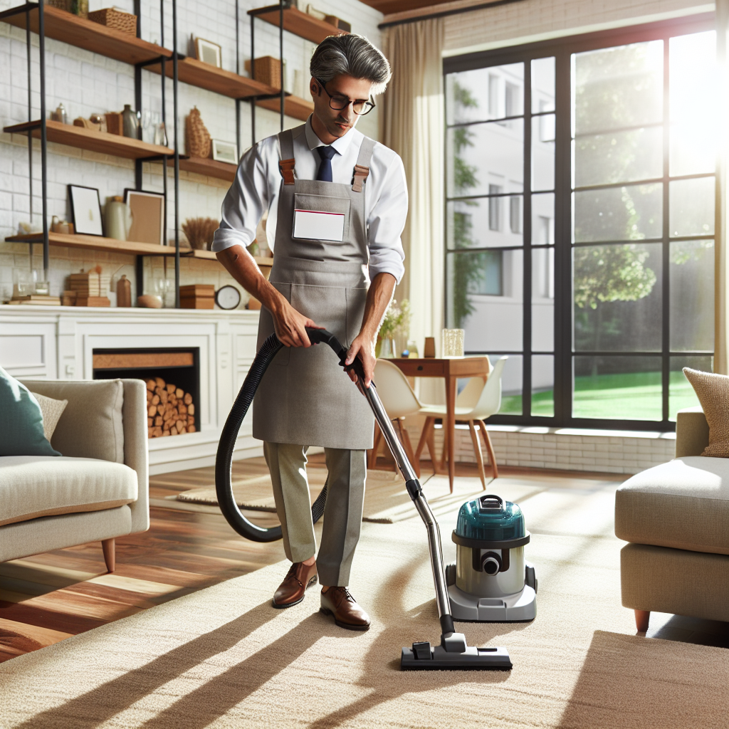 A professional house cleaner vacuuming and dusting a well-maintained living room.