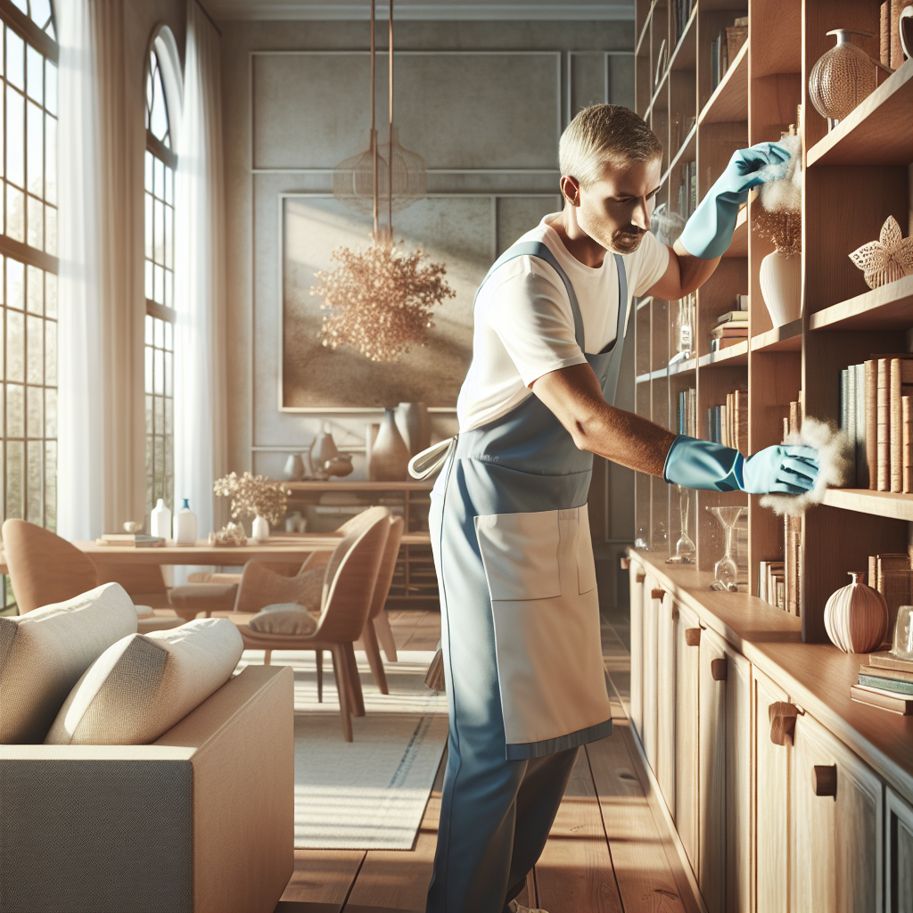 A house cleaner dusting a wooden shelf in a brightly lit living room, emphasizing cleanliness and professionalism.