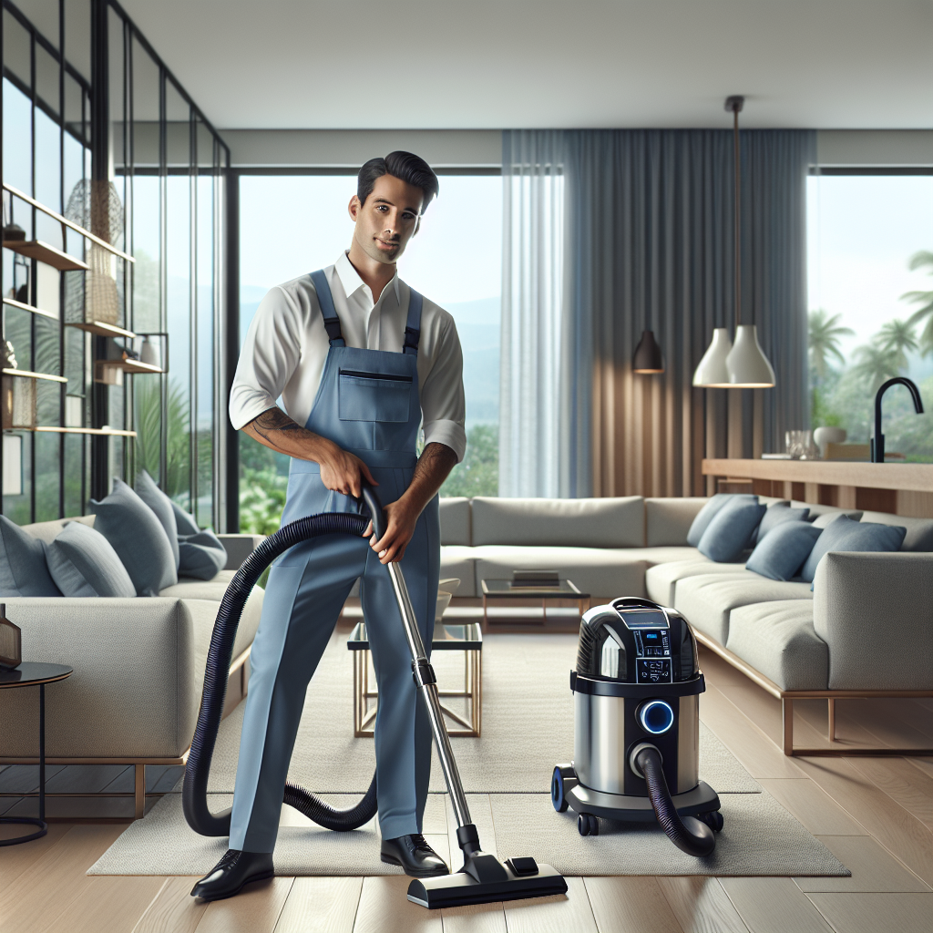 A professional house cleaner vacuuming a spotless modern living room.