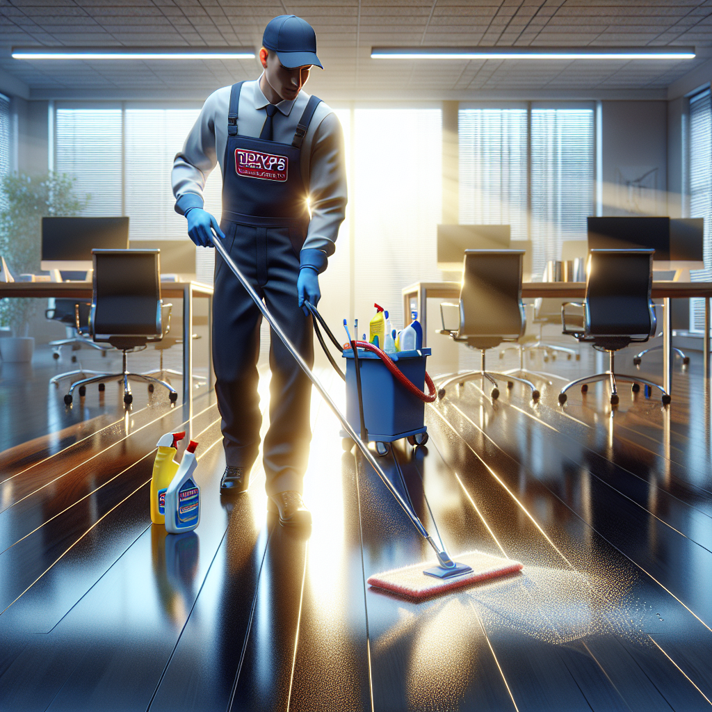 A professional cleaner meticulously cleaning an office workspace, illustrating the deep cleaning procedure code by Tidyups Cleaning Service Inc.