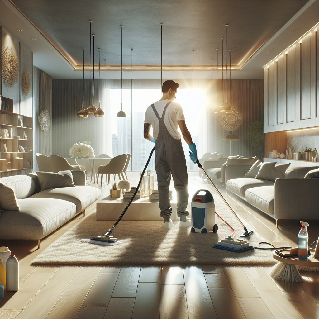 A professional cleaner engaged in deep cleaning a modern, spotless living room with advanced equipment.