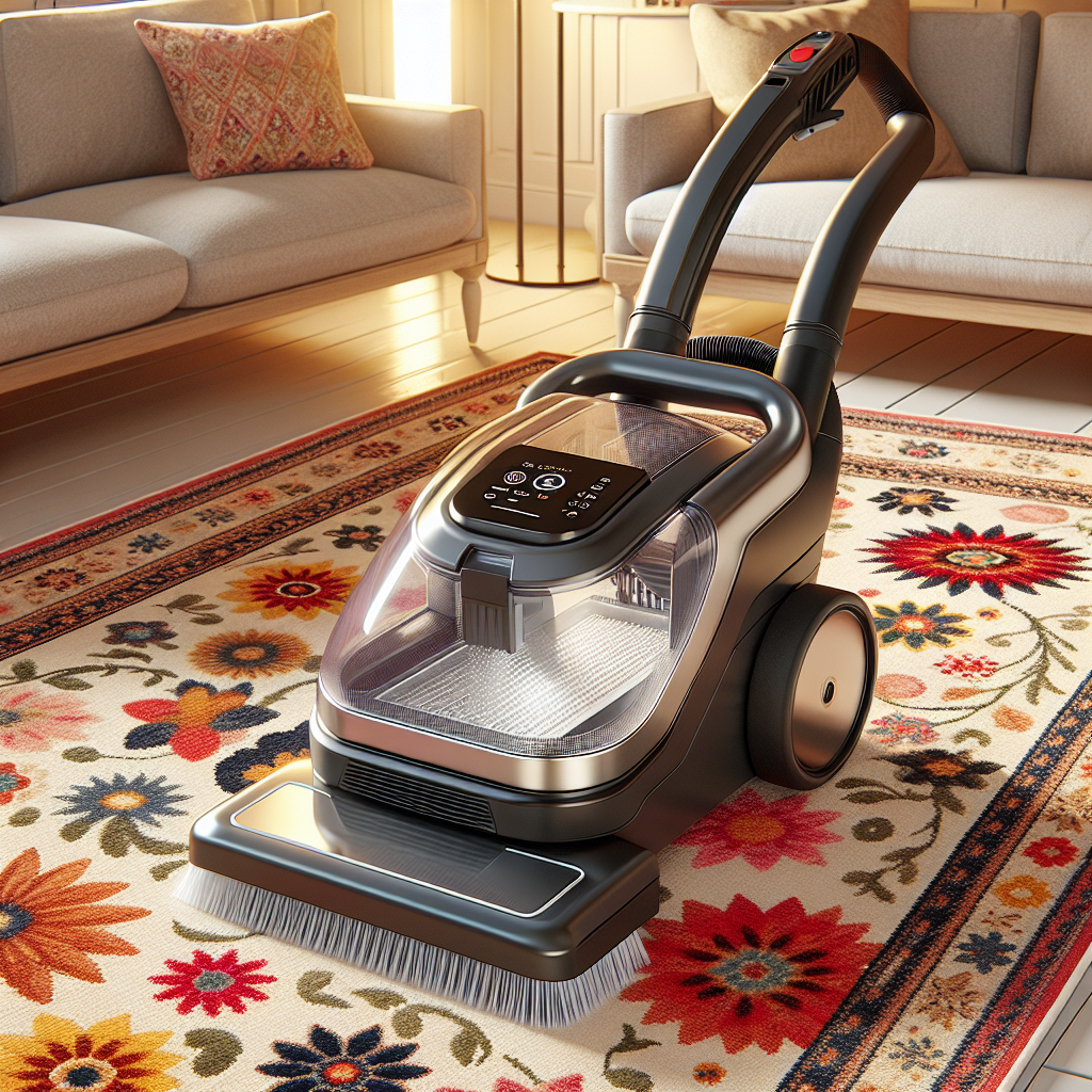 Realistic modern home rug cleaning machine on a patterned rug in a cozy living room.