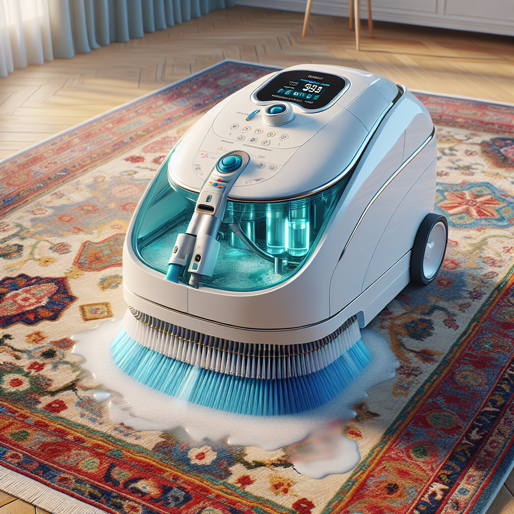 Home rug cleaning machine in operation on a Persian rug.