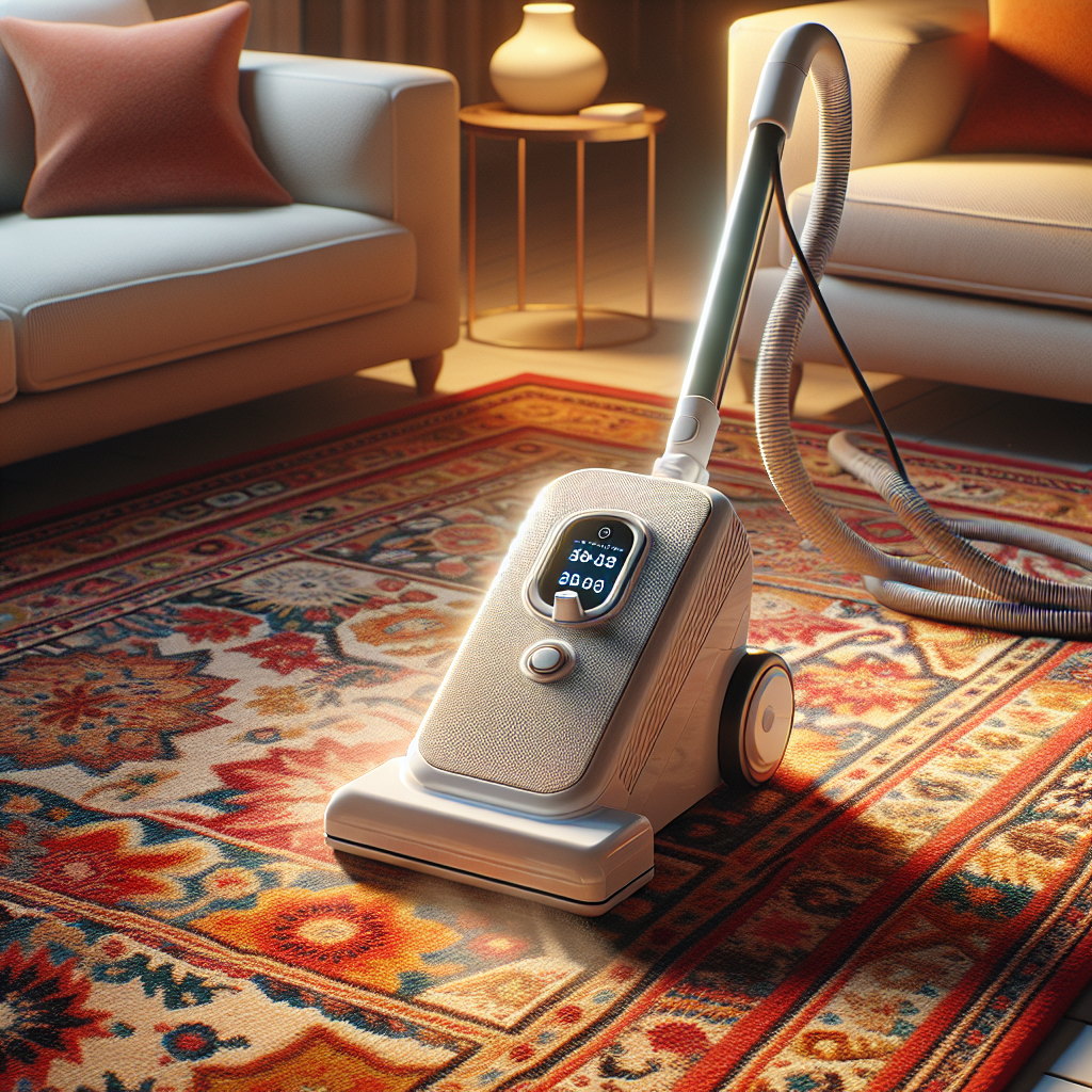 A modern home rug cleaning machine cleaning a colorful rug in a living room.