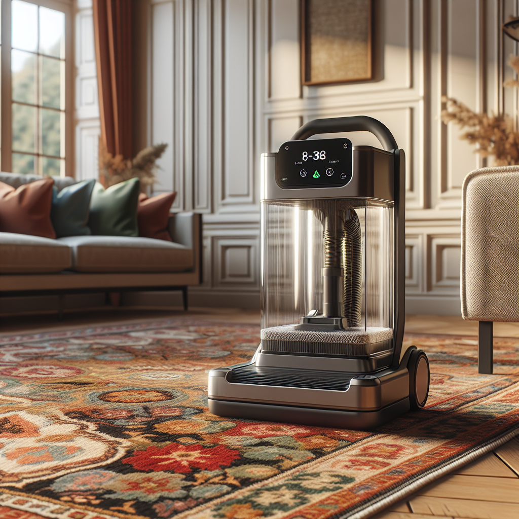 A realistic home rug cleaning machine in a modern, cozy living room.