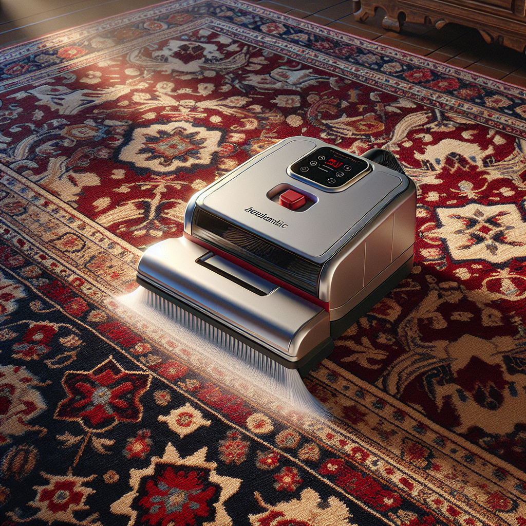 Home rug cleaning machine in action on a patterned carpet.