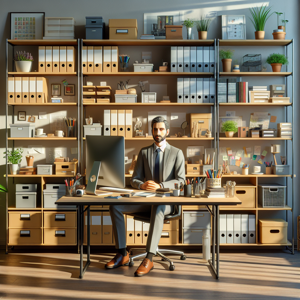 Realistic image of an organized home office workspace.