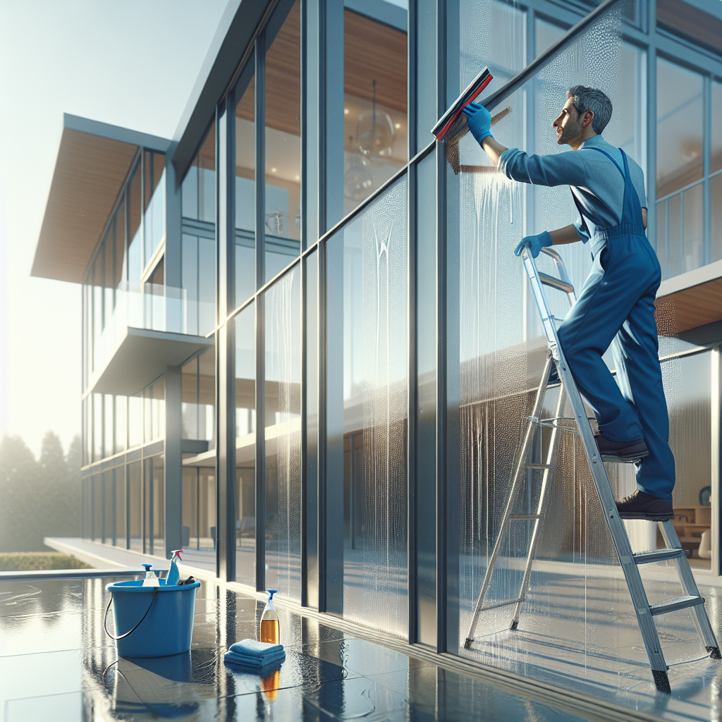 A person cleaning large modern residential windows on a multi-story home in daylight.