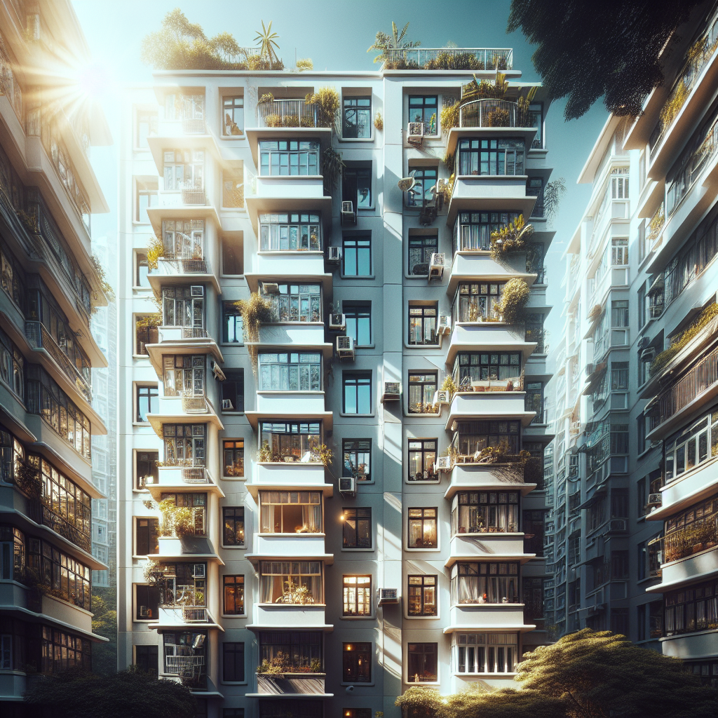 A multi-story residential building with both clean and dirty windows, under a clear blue sky.