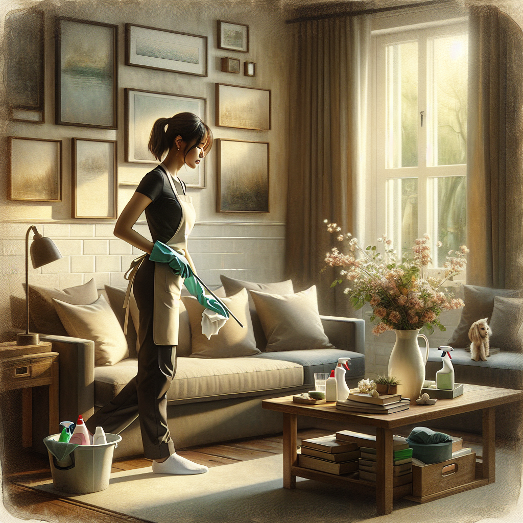 A professional house cleaner working in a cozy, sunlit living room.