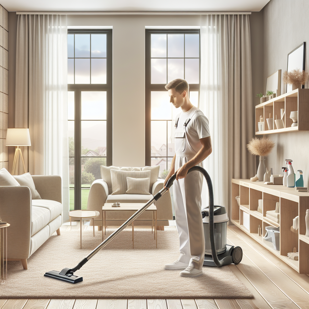 A professional cleaning a modern living room with eco-friendly products.