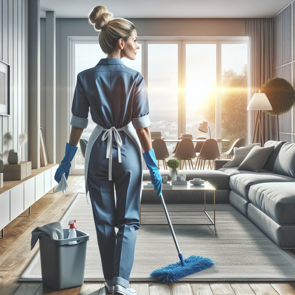 A professional cleaner tidying a spacious, modern, well-lit living room.