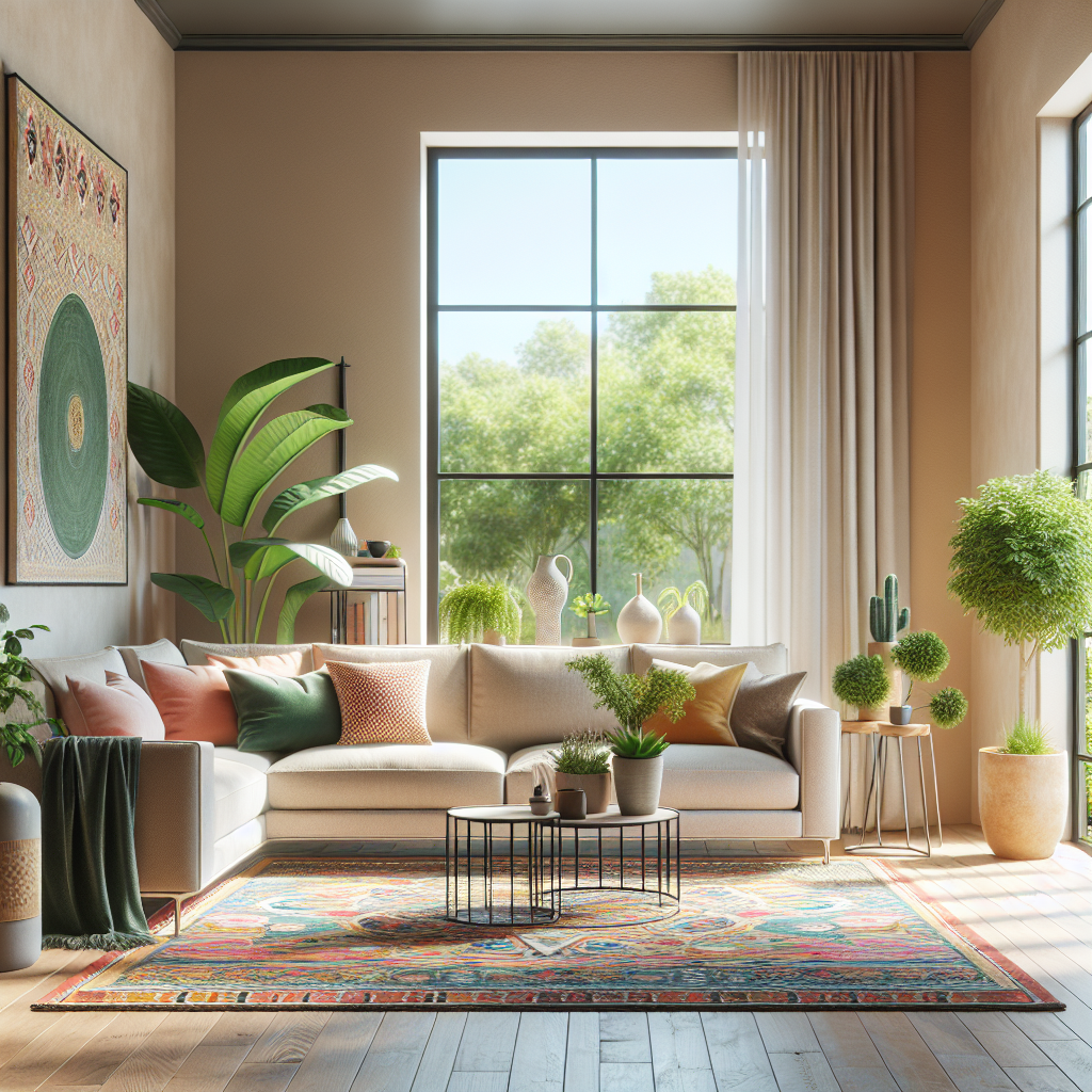 A cozy, modern living room interior with a plush sofa, patterned rug, and house plants.