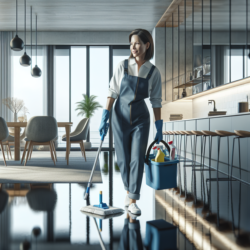 A professional cleaner in a modern apartment, emphasizing cleanliness and precision.