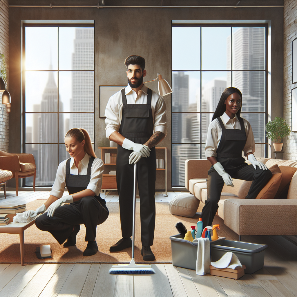 A realistic image of Merry Maids cleaning apartment living space, showcasing a professional cleaning team tidying the area.