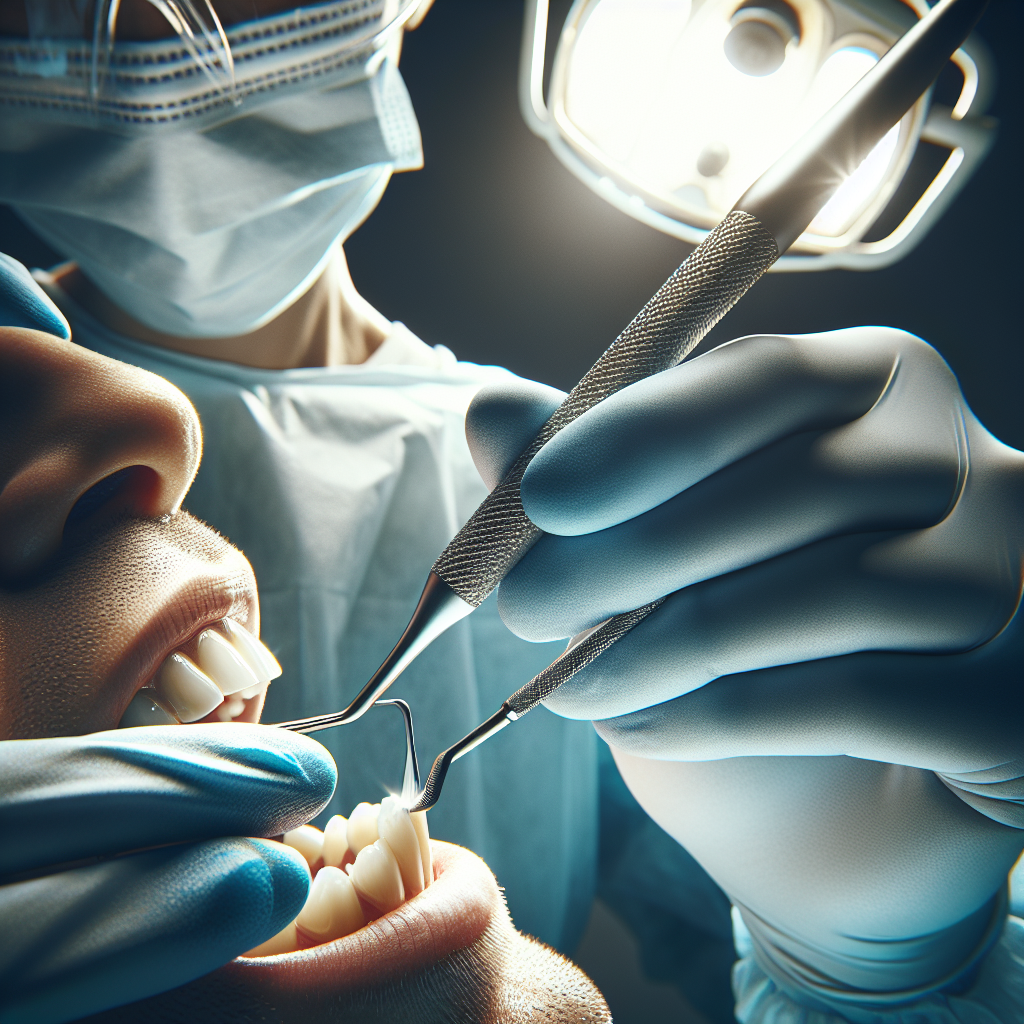 Realistic image of a dental deep cleaning procedure showing scaling on a patient's molar.