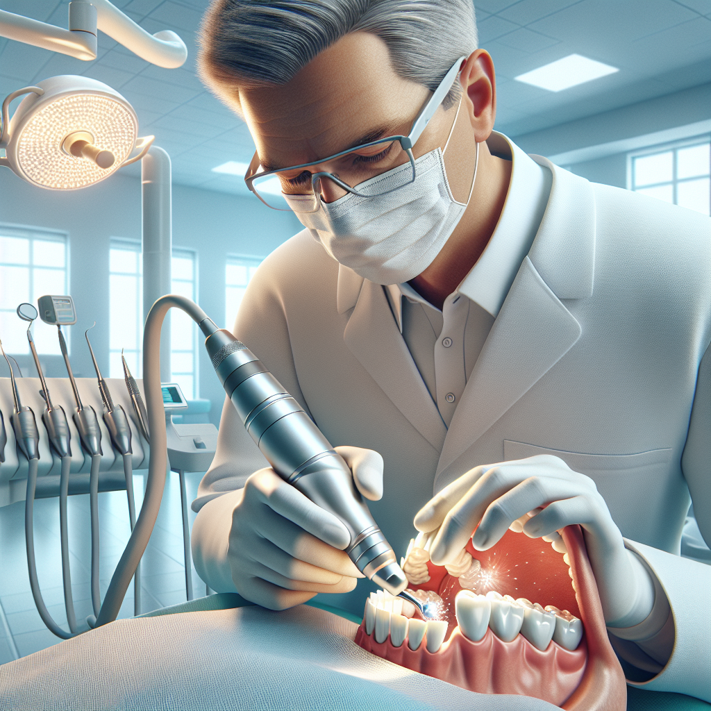 Dentist performing deep cleaning on a patient's teeth in a modern dental office.