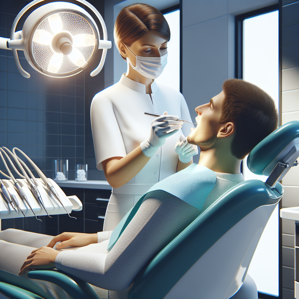 Realistic image of a dental deep cleaning procedure with a dentist and patient in a modern dental office.